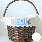 Jellybean Fill Stitch with Bean Border Machine Embroidery Font: Easter basket with a scalloped liner reading BEAU with brown bunnies and carrots
