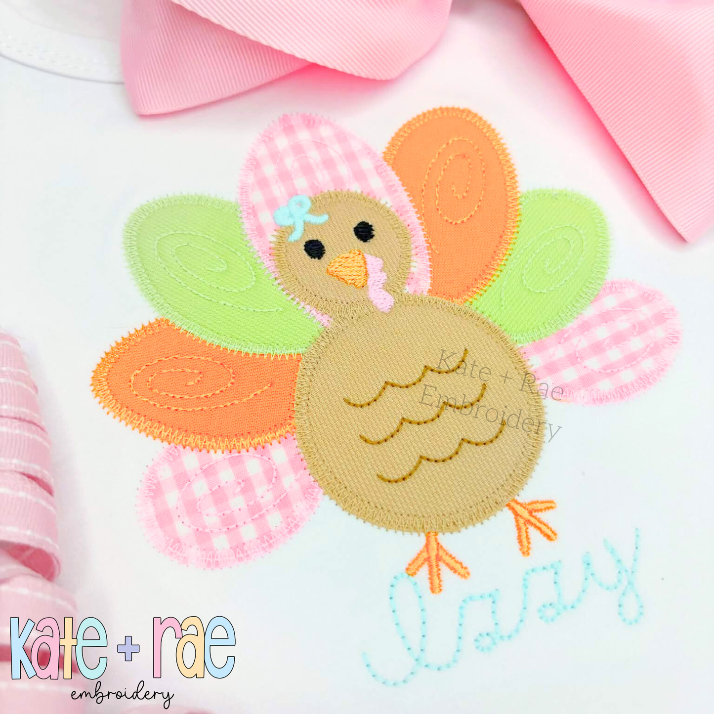 Girl's Thanksgiving Turkey Zigzag Applique Machine Embroidery Design