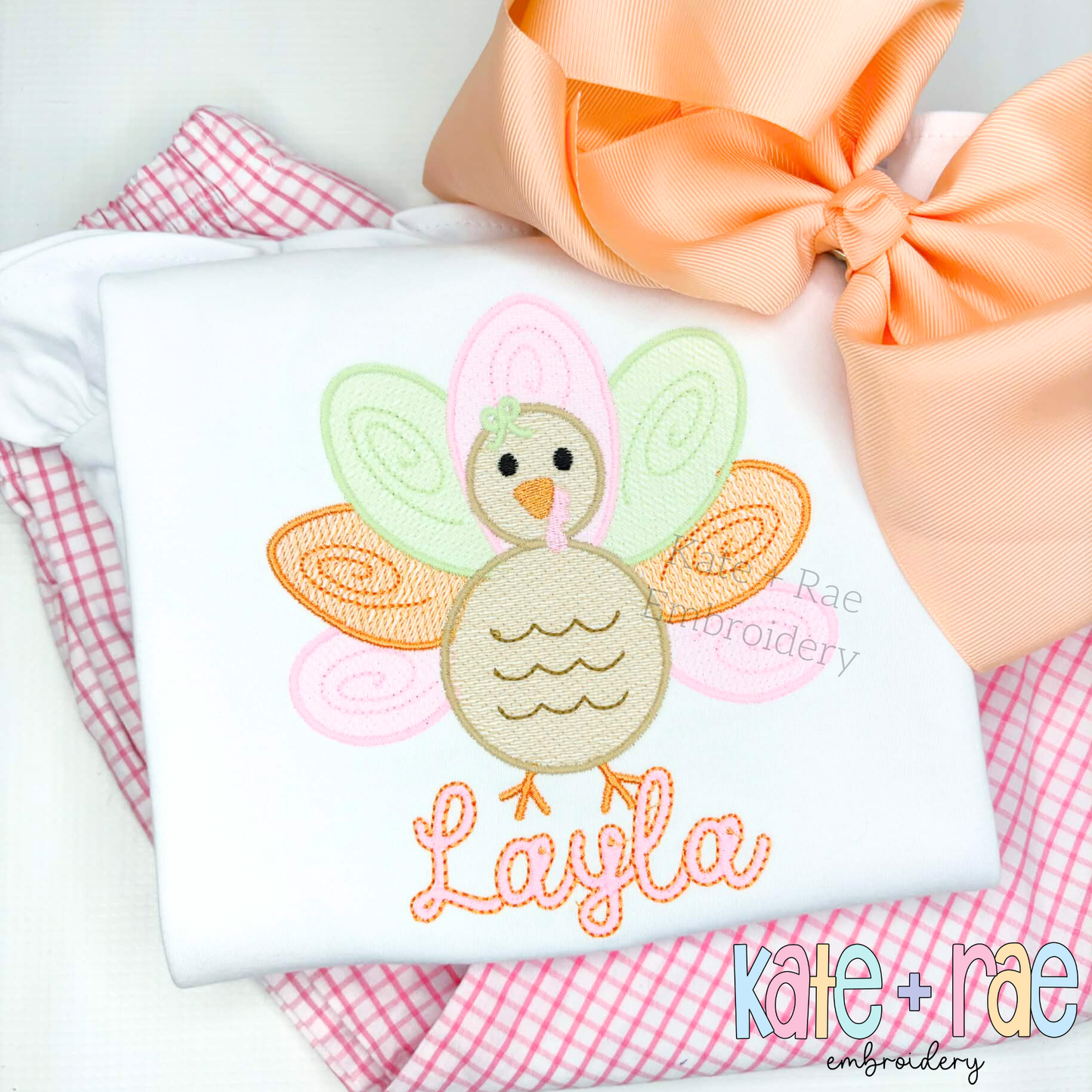 Girl's Thanksgiving Turkey Sketch Stitch with Satin Outline Machine Embroidery Design