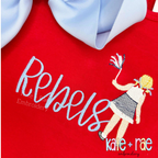 Daisy Handwritten Satin Stitch Embroidery Font: Rebels in light blue handwritten satin script beside a sketch cheerleader on a red shirt