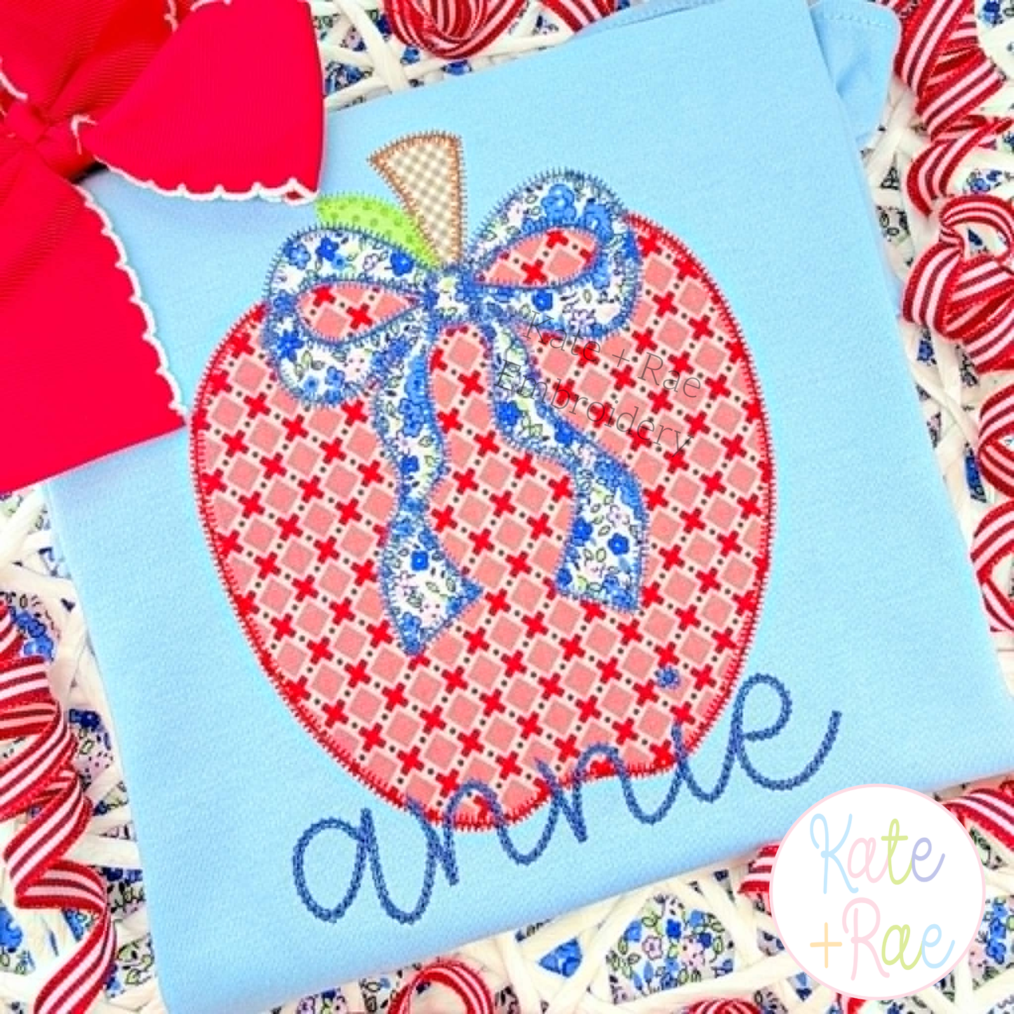 Apple with Bow Zigzag Stitch Applique Embroidery Design