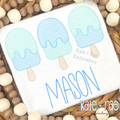 Boy's Summer Popsicle Trio Textured Sketch Stitch Embroidery Design: Three blue and mint textured sketch popsicles above the name MASON in blue on a white shirt