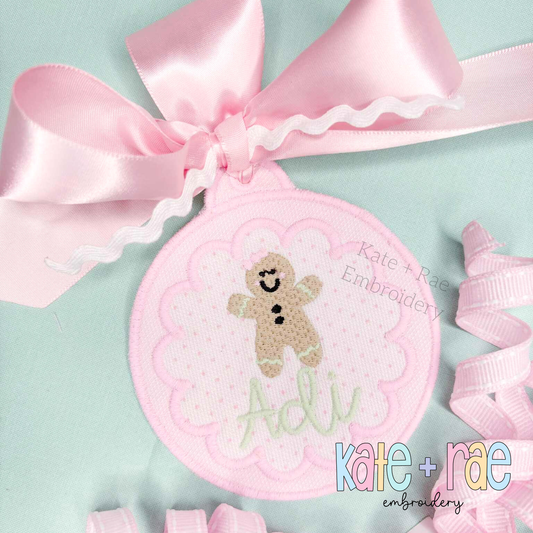 Girls Scalloped Satin Stitch Applique Christmas Ornament In The Hoop Embroidery Design