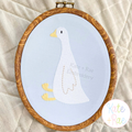 Goose Mini Fill Embroidery Design: White mini fill goose in an embroidery hoop
