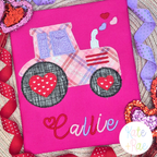 Valentine's Day Heart Tractor Zigzag Applique Embroidery Design: Pink plaid tractor applique with heart wheels above the name Callie in red script on a hot pink shirt