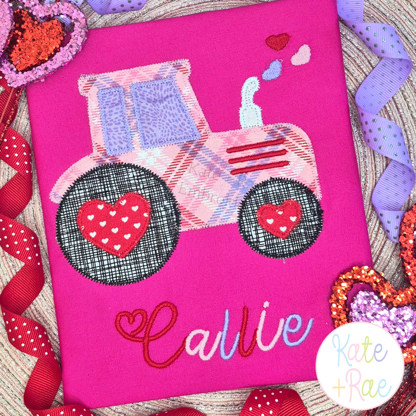 Valentine's Day Heart Tractor Zigzag Applique Embroidery Design