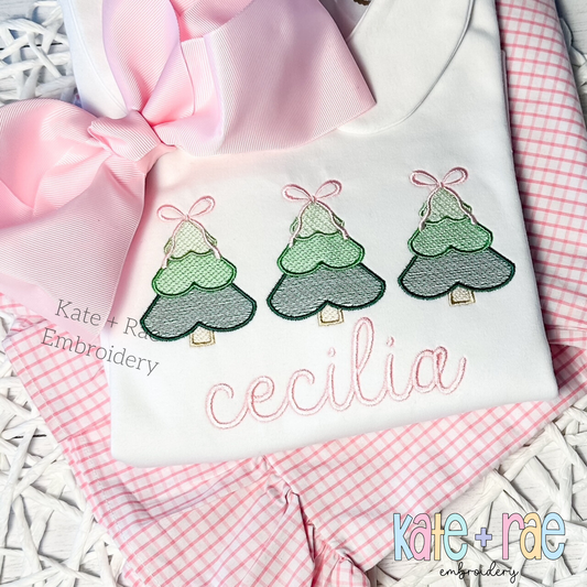 Girls Sketch Stitch Christmas Tree Trio with Satin Stitch Outline Embroidery Design