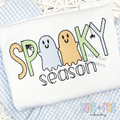 Boys Spooky Season Sketch Stitch Embroidery Design: Pastel sketch stitch SPOOKY with smiling ghosts and a spider above season on a white shirt