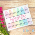 Split Crayon Sketch Stitch Embroidery Design: Pastel sketch stitch split crayons framing the name HARPER in pink on a white shirt
