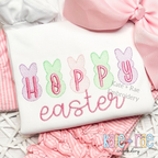 Peeps Sketch Stitch Embroidery Design: Pastel Peeps bunnies spelling HOPPY above easter in pink script on a white shirt