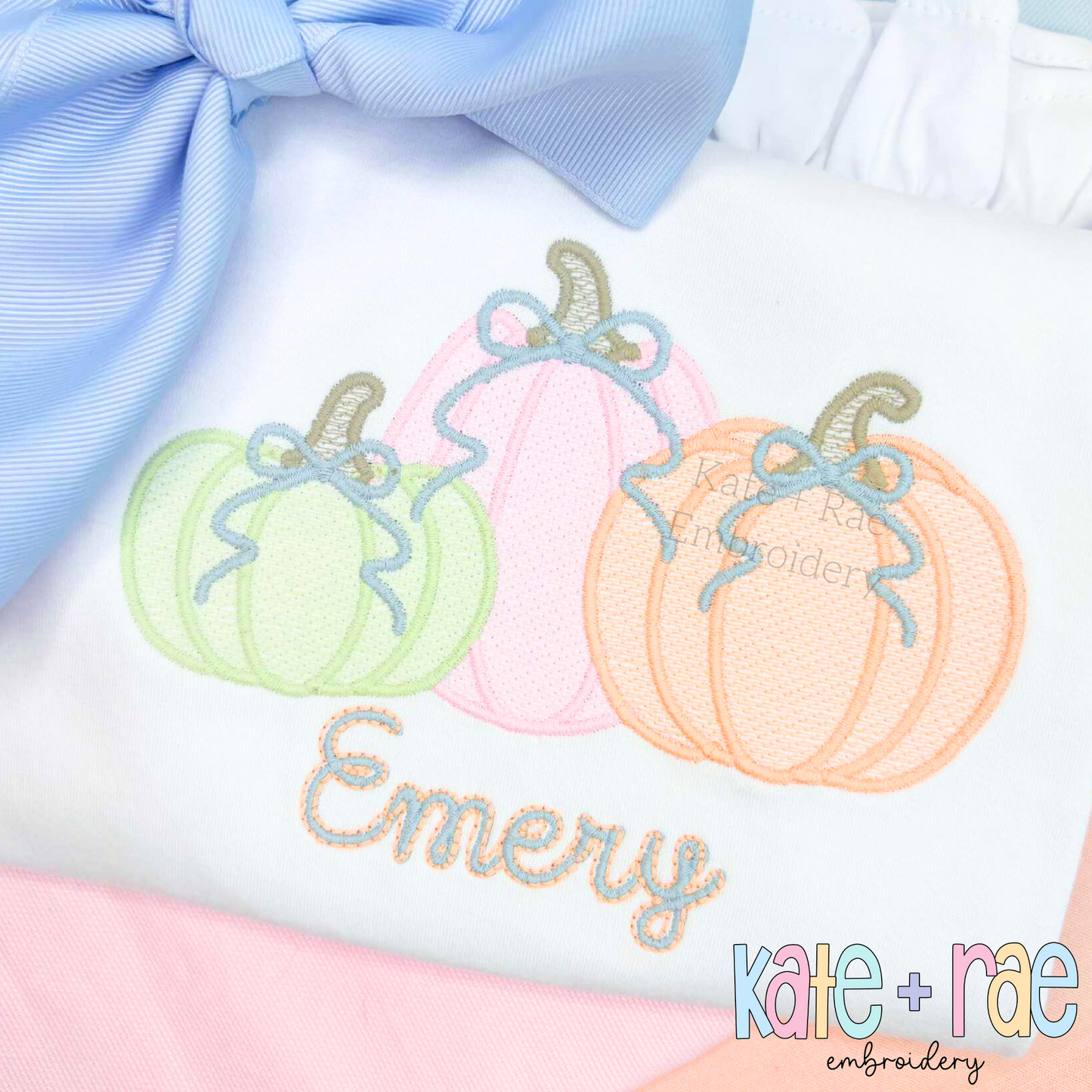 Girl's Fall Pumpkin Trio with Bows Sketch Stitch with Satin Outline Machine Embroidery Design