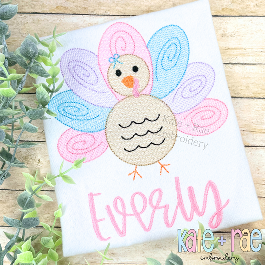 Girl's Thanksgiving Turkey Sketch Stitch with Bean Outline Machine Embroidery Design