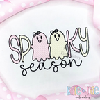 Girls Spooky Season Sketch Stitch Embroidery Design: Pastel sketch stitch SPOOKY with ghosts wearing bows above season on a white shirt
