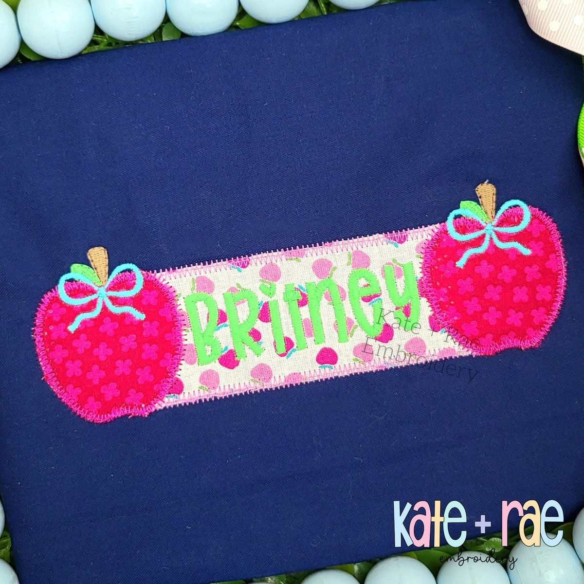 Girl's Apple Name Frame with Bows Zigzag Applique Embroidery Design