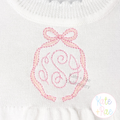 Emma Long Tail Monogram Bow Satin Stitch with Bean Outline Embroidery Design: Pink Emma bow frame with bean outline around a pink script monogram on a white sweater