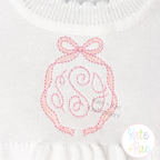 Emma Long Tail Monogram Bow Satin Stitch with Bean Outline Embroidery Design: Pink Emma bow frame with bean outline around a pink script monogram on a white sweater