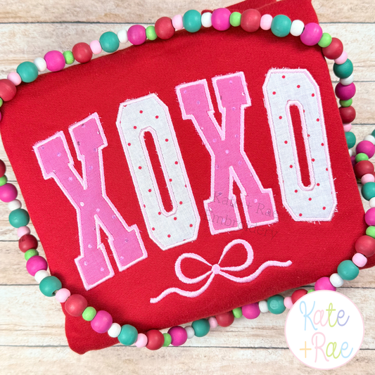 Curved XOXO with Bow Satin Stitch Applique Embroidery Design