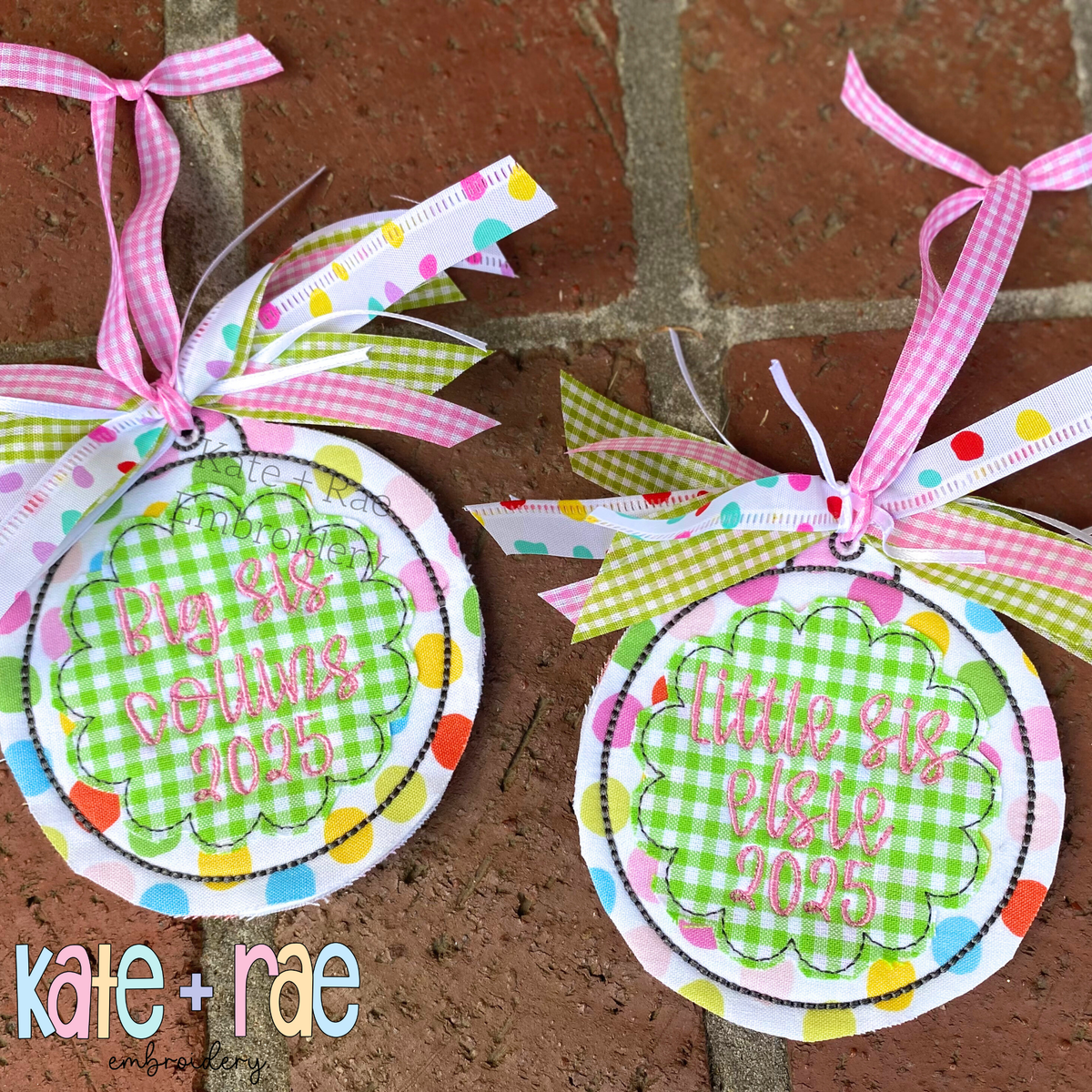Girls Scalloped Bean Stitch Applique Christmas Ornament In The Hoop Embroidery Design: Two green gingham scalloped ornaments with pink lettering hanging with polka dot ribbons