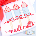 Girl's Firework Trio Zigzag Applique Embroidery Design: Three light blue firework appliques with red star tops and red bows above the name madi mills in red script