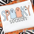 Boys Spooky Season Sketch Stitch Embroidery Design: Blue and peach sketch ghosts in SPOOKY above season on a white shirt