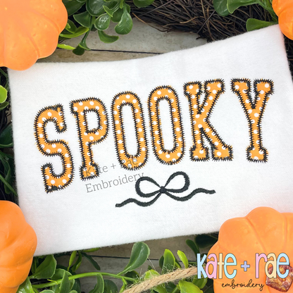 Curved Spooky with Bow Zigzag Stitch Applique Embroidery Design