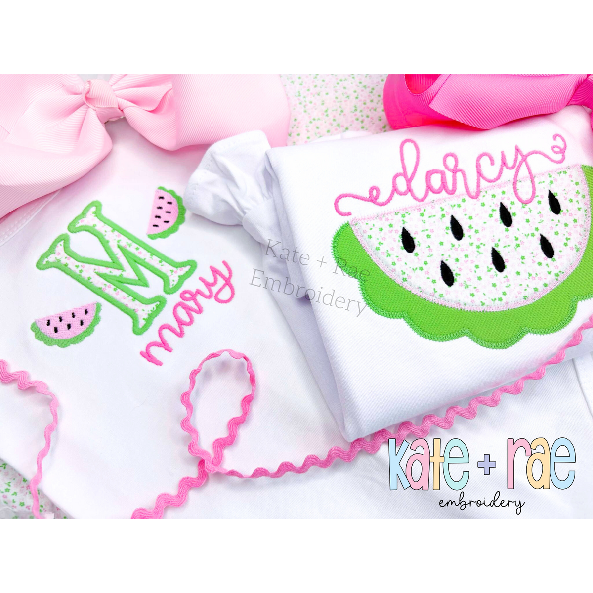 Watermelon Zigzag Applique Embroidery Design: Two shirts, a monogram M with mini watermelons above mary and a watermelon applique below darcy