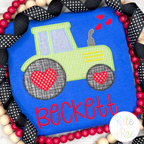 Valentine's Day Heart Tractor Zigzag Applique Embroidery Design: Lime green tractor applique with heart wheels above the name Beckett in red on a royal blue shirt