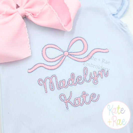 Flowy Long Tail Satin Stitch Bow with Bean Outline Embroidery Design