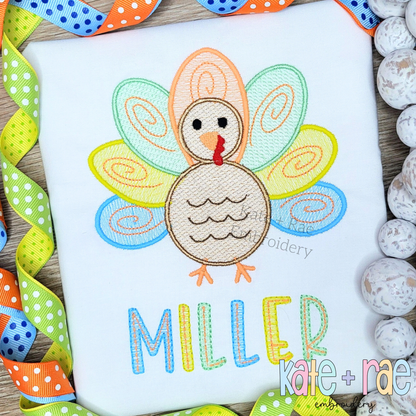 Boy's Thanksgiving Turkey Sketch Stitch with Satin Outline Machine Embroidery Design