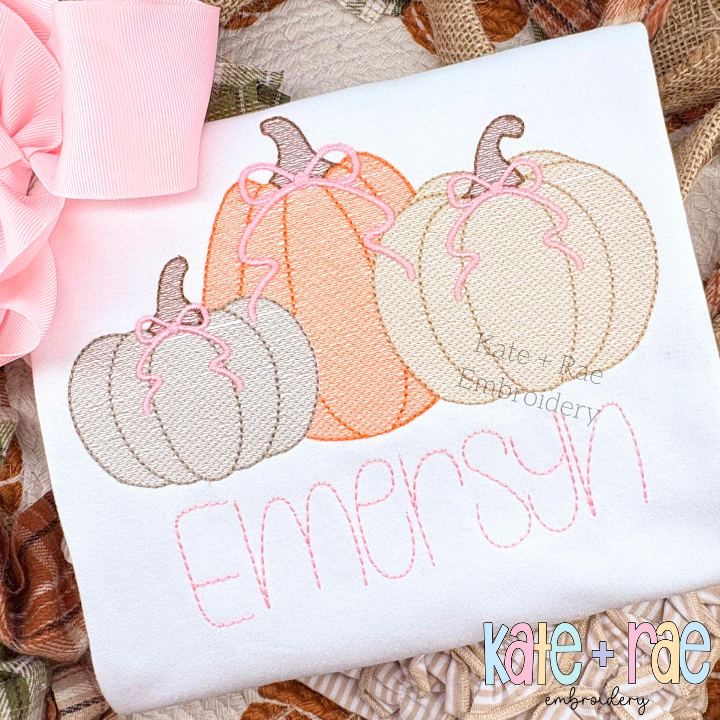 Girl's Fall Pumpkin Trio with Bows Sketch Stitch Machine Embroidery Design