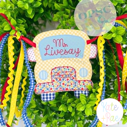 Back to School Bus Bean Applique ITH Banner Embroidery Design