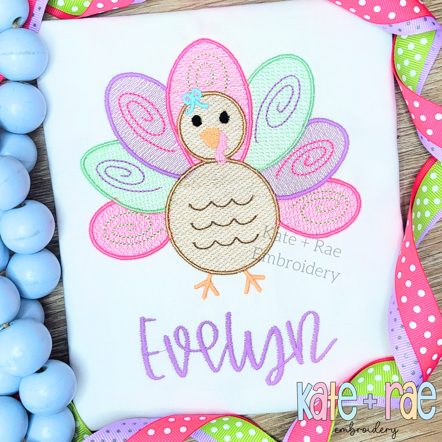 Girl's Thanksgiving Turkey Sketch Stitch with Satin Outline Machine Embroidery Design