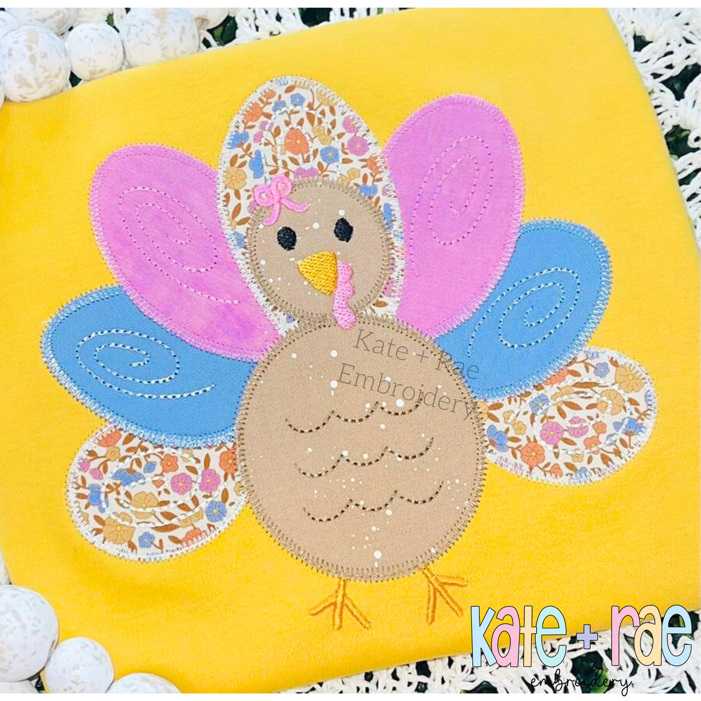 Girl's Thanksgiving Turkey Zigzag Applique Machine Embroidery Design