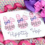 Girl's Plaid Fuzzy Easter Bunny Trio Sketch Stitch Embroidery Design: Three pink gingham fuzzy bunnies with purple bows above Hippity Hop in purple script on a white shirt