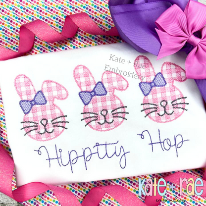Girl's Plaid Fuzzy Easter Bunny Trio Sketch Stitch Embroidery Design