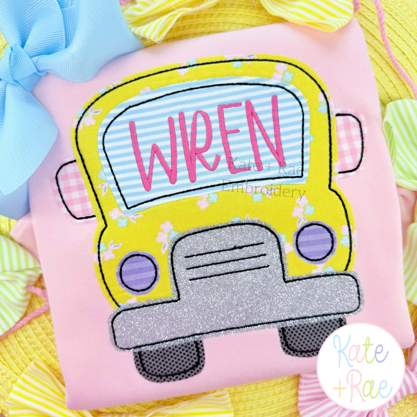Back to School Bus Bean Applique Embroidery Design