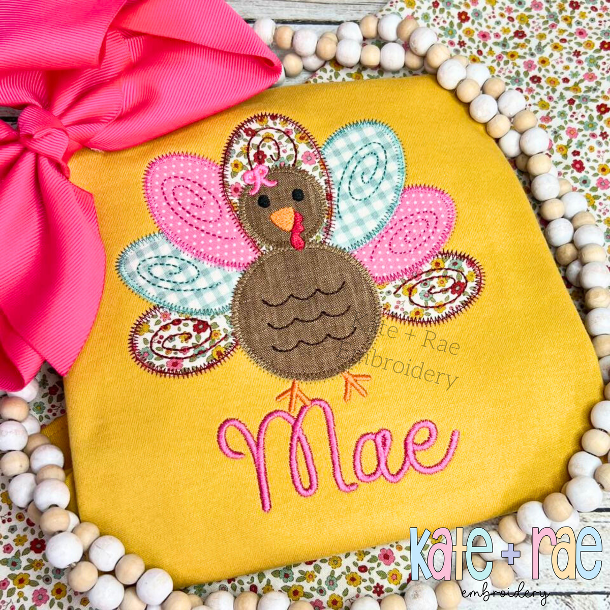Girl's Thanksgiving Turkey Zigzag Applique Machine Embroidery Design
