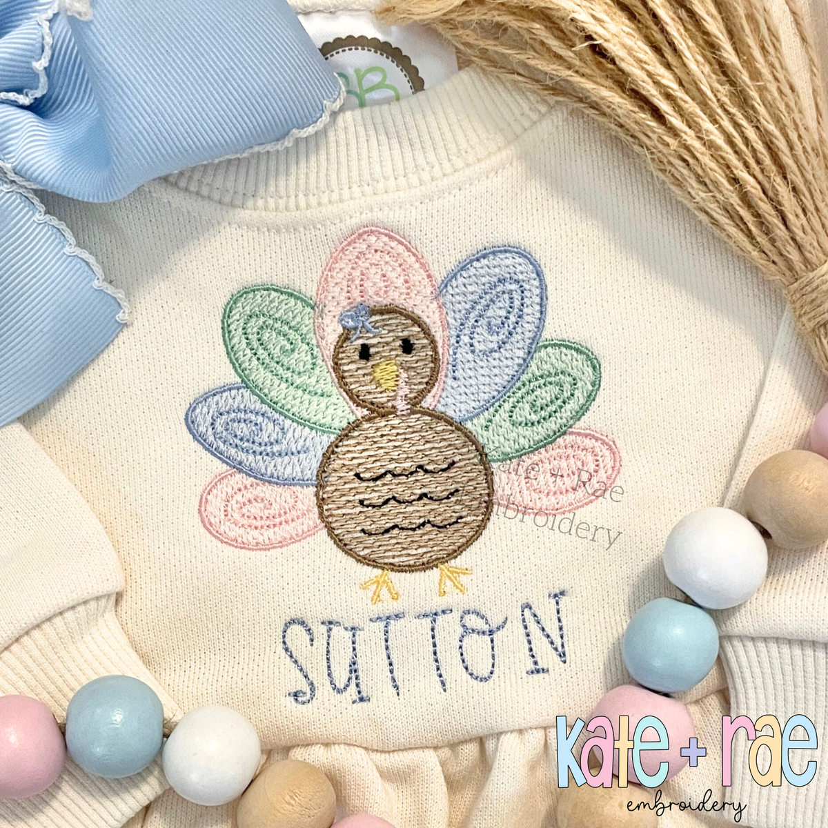 Girl's Thanksgiving Turkey Sketch Stitch with Satin Outline Machine Embroidery Design