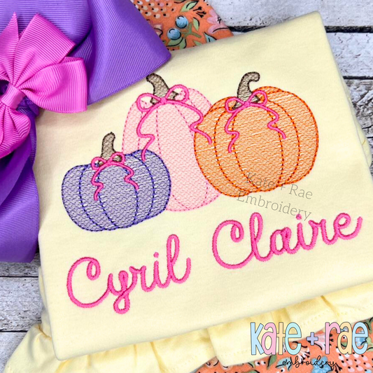 Girl's Fall Pumpkin Trio with Bows Sketch Stitch Machine Embroidery Design