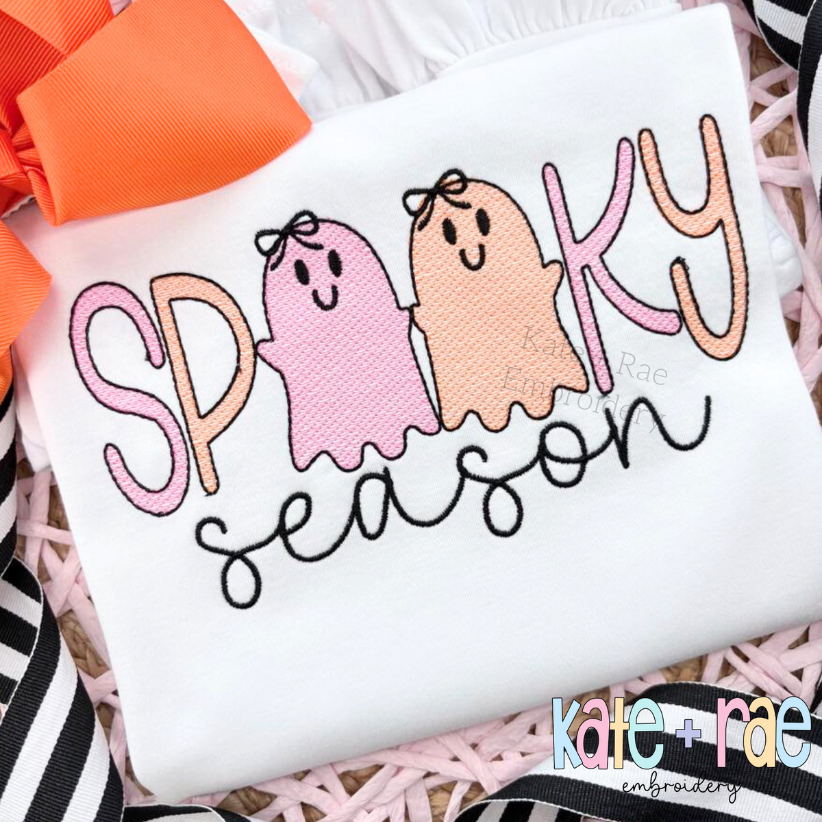 Girls Spooky Season Sketch Stitch Embroidery Design: Pink and peach sketch ghosts with bows in SPOOKY above season in black script on a white shirt