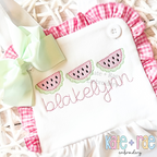 Watermelon Trio Sketch Stitch Embroidery Design: Three sketch stitch watermelon slices above the name blakelynn on a pink gingham ruffle top