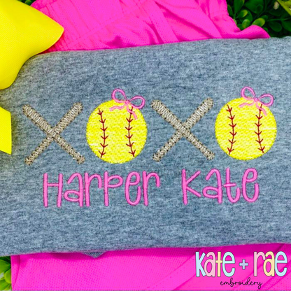 Girls Softball/ Baseball XOXO with Bows Sketch Stitch Embroidery Design