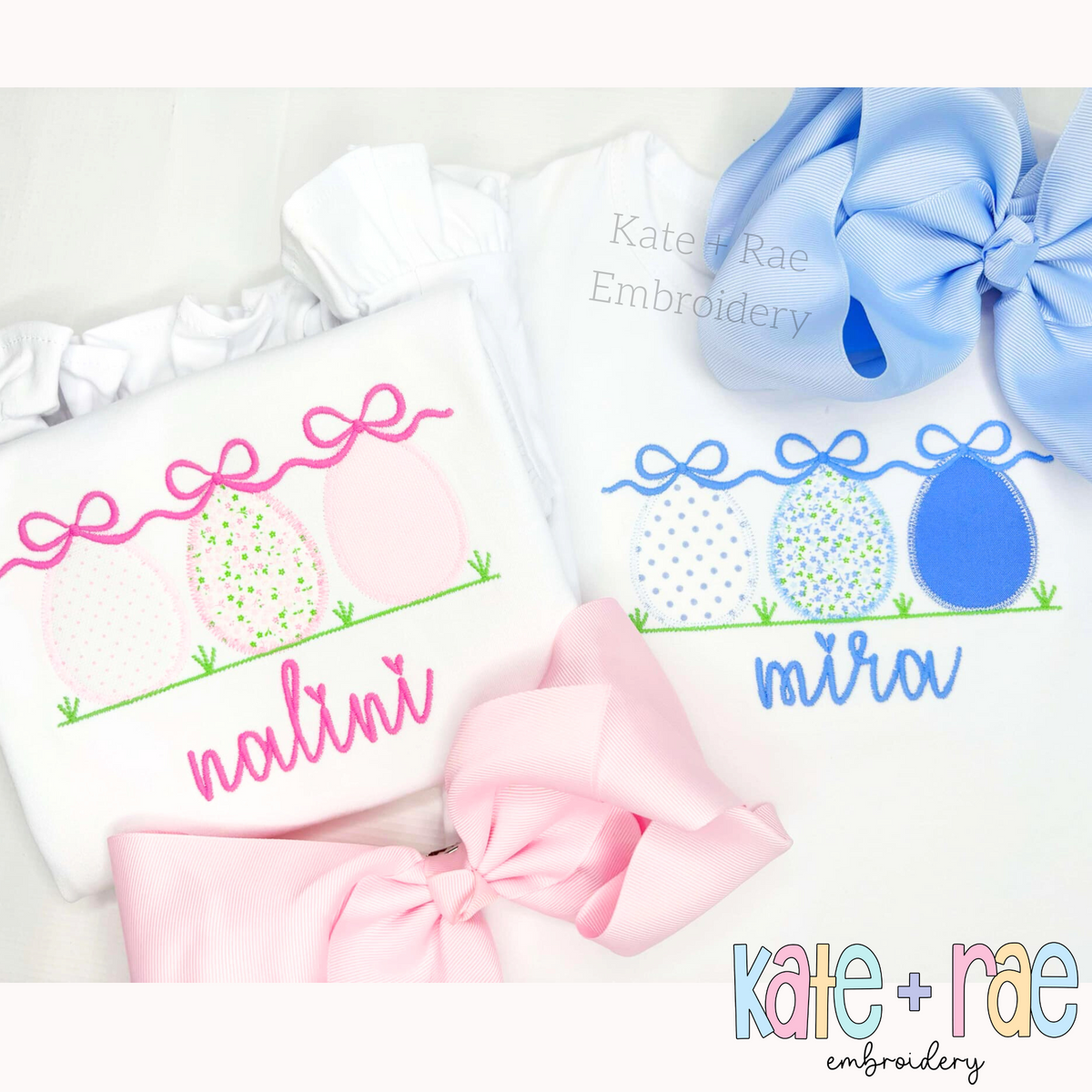 Girl's Easter Egg Trio Zigzag Applique Embroidery Design: Two Easter shirts with pink and blue applique egg trios named Nalini and Mira