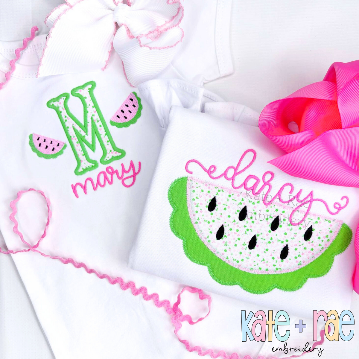 Watermelon Zigzag Applique Embroidery Design: Watermelon applique shirt for darcy beside a monogram M with small watermelons and the name mary