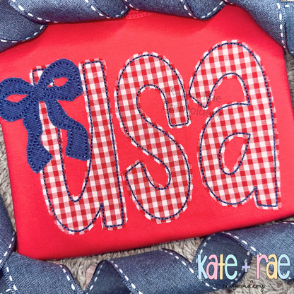 USA with Bow Bean Stitch Applique Embroidery Design