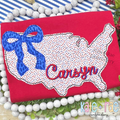 Red speckled America outline applique with a blue leopard bow and the name Carsyn on a red shirt