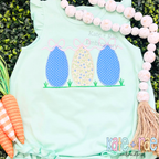 Girl's Easter Egg Trio Zigzag Applique Embroidery Design: Blue and floral applique Easter eggs with bows on a mint ruffle sleeve top