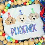 Birthday Puppies Trio Sketch Stitch Embroidery Design: Three puppy faces in party hats above the name Phoenix in blue and purple on a white shirt