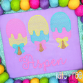 Girls Popsicle Trio with Bows Textured Sketch Stitch Embroidery Design: Three pink, yellow, and blue textured sketch popsicles with bows above the name Aspen in pink on a purple shirt