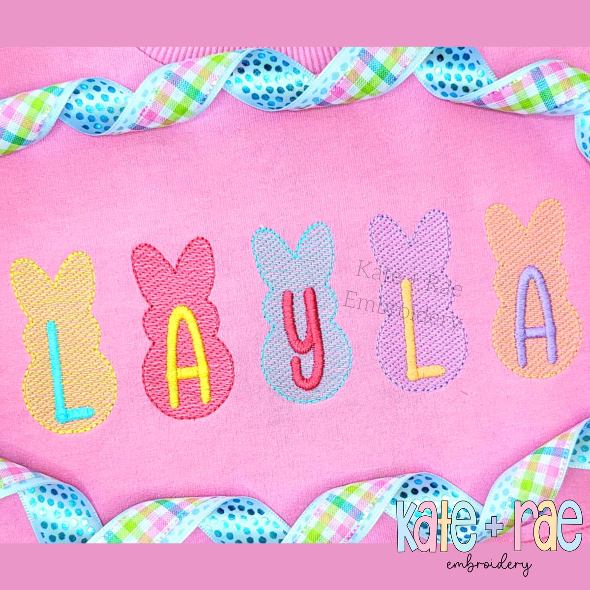 Peeps Sketch Stitch Embroidery Design: Pastel Peeps bunnies spelling LAYLA on a pink sweatshirt